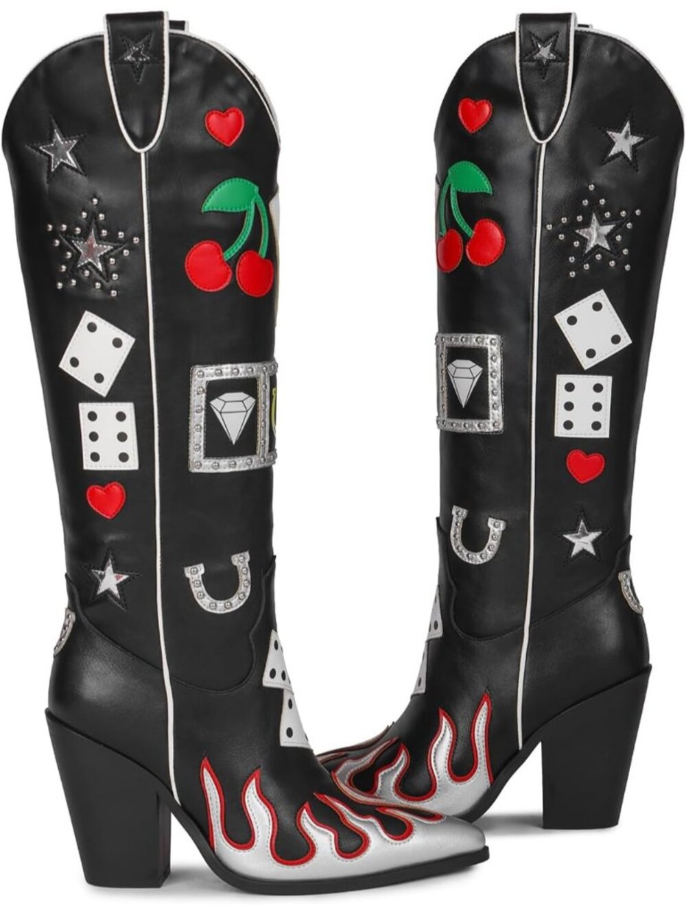 Women's Black Multi Element Western Knee High Slip On Pointed Toe Cowgirl Boots - Picture 4 of 6